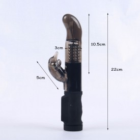 Дымчатый вибратор с изогнутой головкой, ротацией и клиторальным отростком - 22 см.